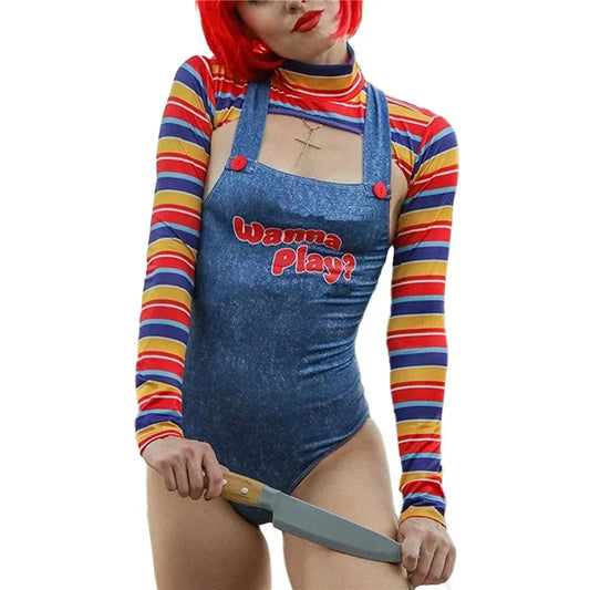 EtherealBe scary chucky doll Halloween outfit featuring a striped top and denim dress with a knife prop