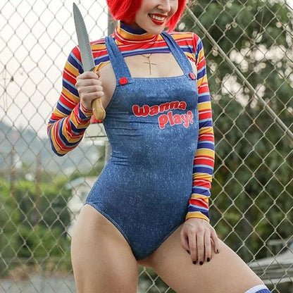 Woman wearing a scary Chucky doll Halloween outfit with a striped shirt and denim shorts