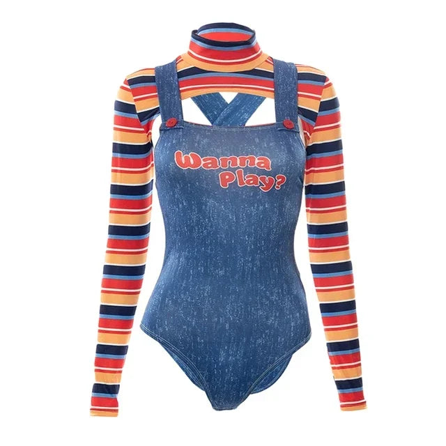 EtherealBe scary chucky doll Halloween outfit featuring striped long sleeves and denim-style design