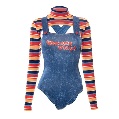 EtherealBe scary chucky doll Halloween outfit featuring striped long sleeves and denim-style design