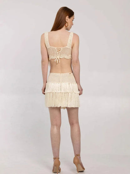 EtherealBe see through tassel skirt set with crochet top and layered fringe design
