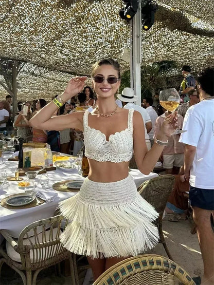 EtherealBe See Through Tassel Skirt Set with Crochet Top and Flared Skirt for Summer Parties