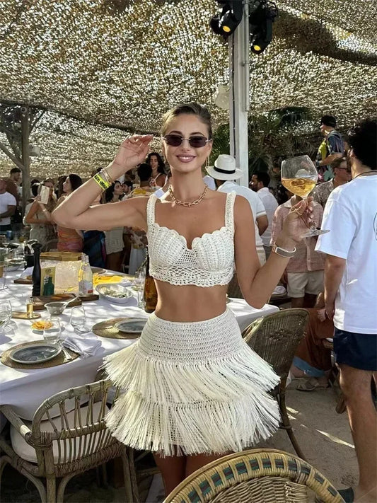 EtherealBe See Through Tassel Skirt Set with Crochet Top and Flared Skirt for Summer Parties