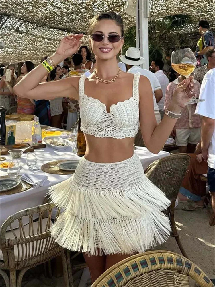 EtherealBe see through tassel skirt set featuring a crochet top and fringed skirt for a stylish summer look