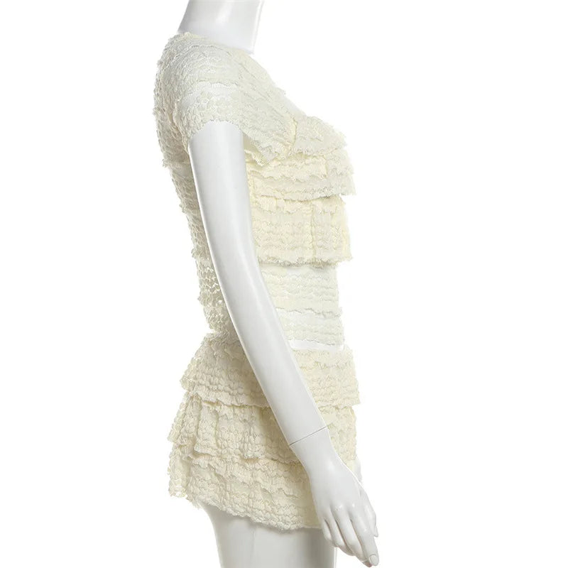 EtherealBe See Through Tassel Skirt Set in White Featuring Layered Textured Design