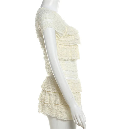 EtherealBe See Through Tassel Skirt Set in White Featuring Layered Textured Design