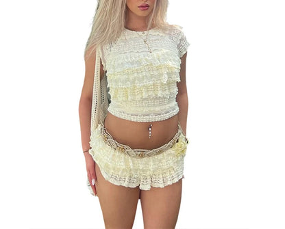 Trendy see through tassel skirt set in cream with ruffled top and matching mini skirt