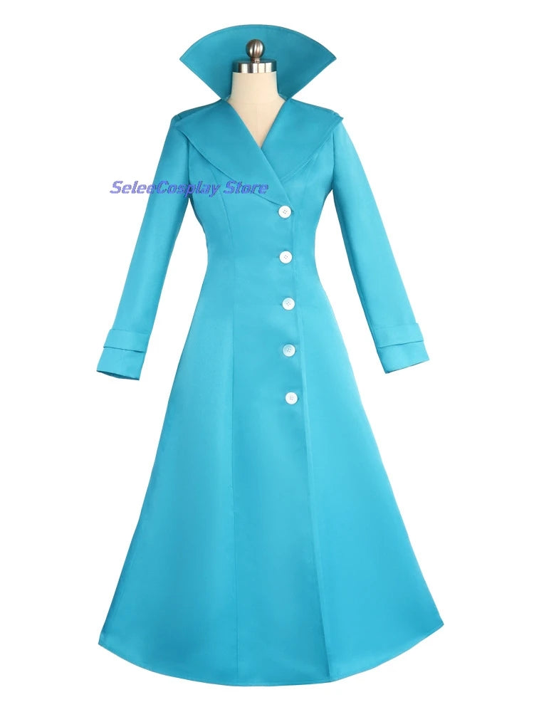 EtherealBe Despicable Me Gru Lucy Wilde costume featuring a stylish blue coat dress design with buttons and a wide collar