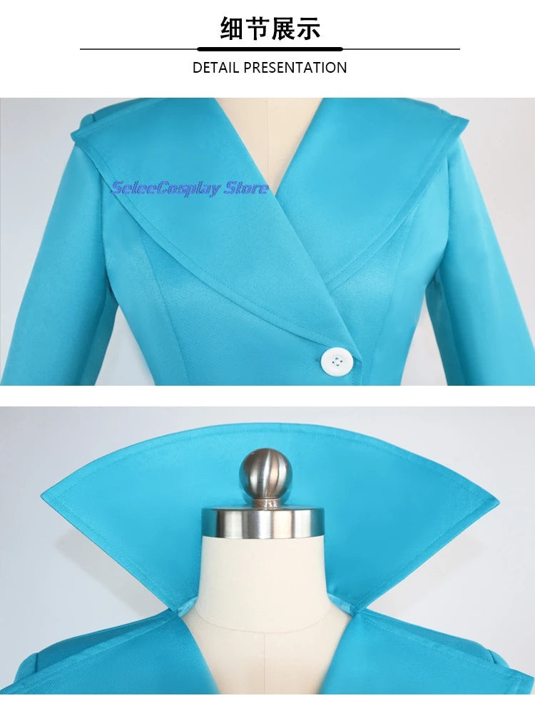 EtherealBe Despicable Me Gru Lucy Wilde costume featuring a stylish blue coat with a sharp collar