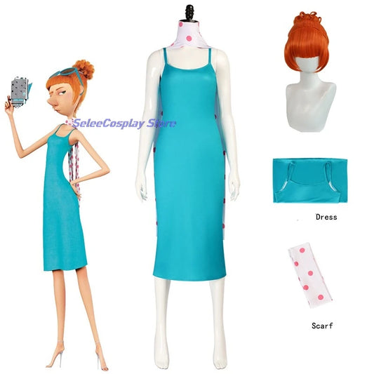 EtherealBe Despicable Me Gru Lucy Wilde costume including dress and polka dot scarf for cosplay