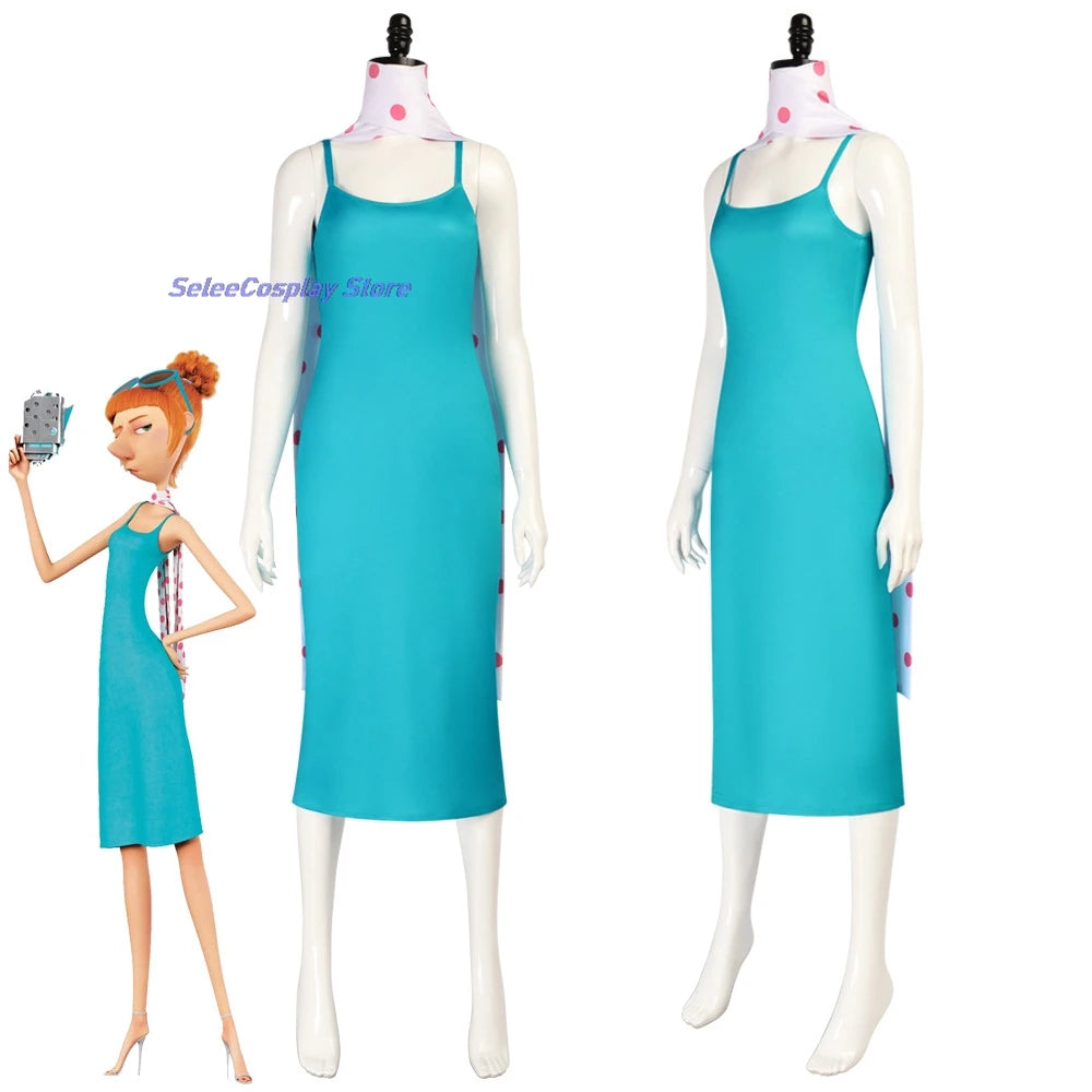 EtherealBe Despicable Me Gru Lucy Wilde costume with turquoise dress and polka dot scarf for themed events