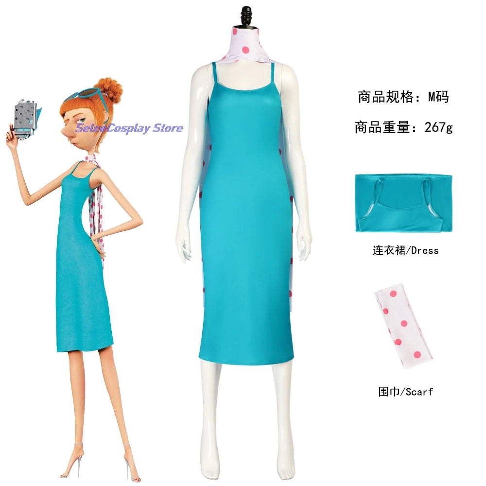 EtherealBe Despicable Me Gru Lucy Wilde costume featuring a blue dress and polka dot scarf