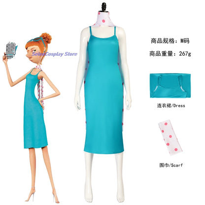 EtherealBe Despicable Me Gru Lucy Wilde costume featuring a blue dress and polka dot scarf