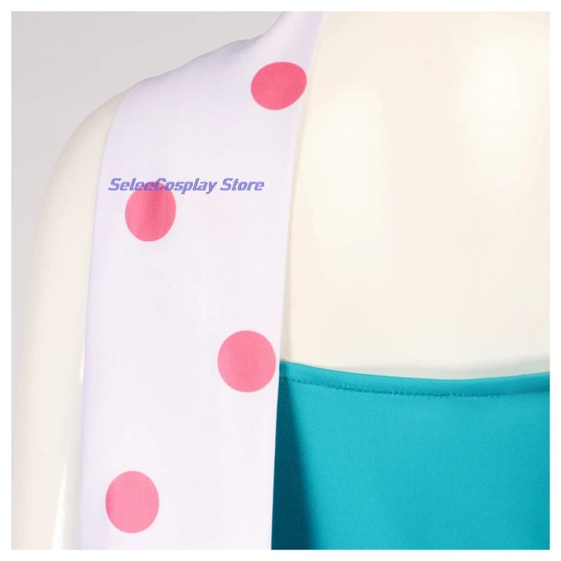 Detail of the Despicable Me Gru Lucy Wilde costume, showcasing the polka dot design on the scarf