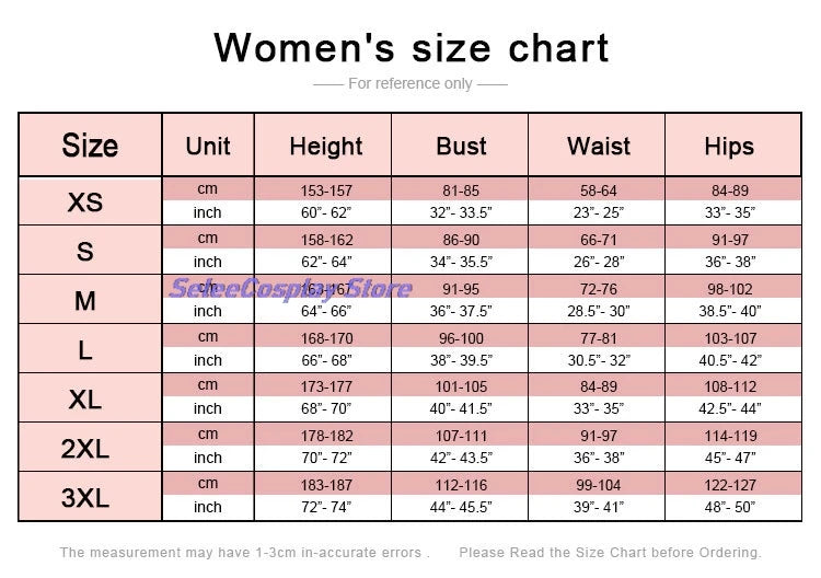 Women's size chart for Despicable Me Gru Lucy Wilde costume in different sizes and measurements