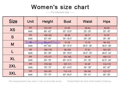 Women's size chart for Despicable Me Gru Lucy Wilde costume in different sizes and measurements