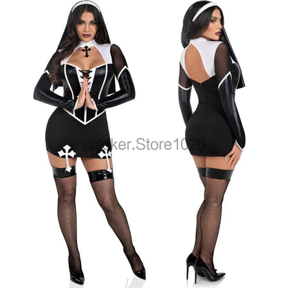 EtherealBe sexy nun costume for women featuring a form-fitting design with lace-up and cross details