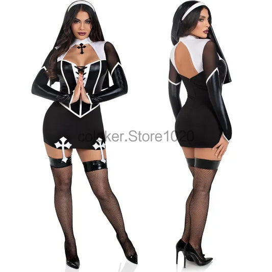 EtherealBe sexy nun costume for women featuring a form-fitting design with lace-up and cross details