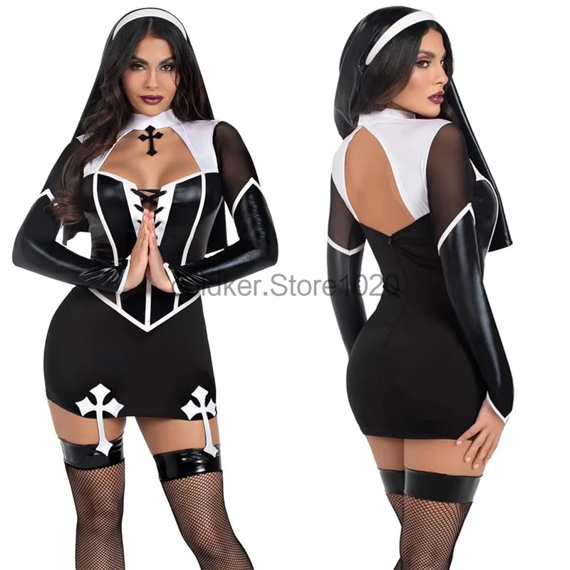 EtherealBe sexy nun costume for women featuring a sleek black design and sheer sleeves