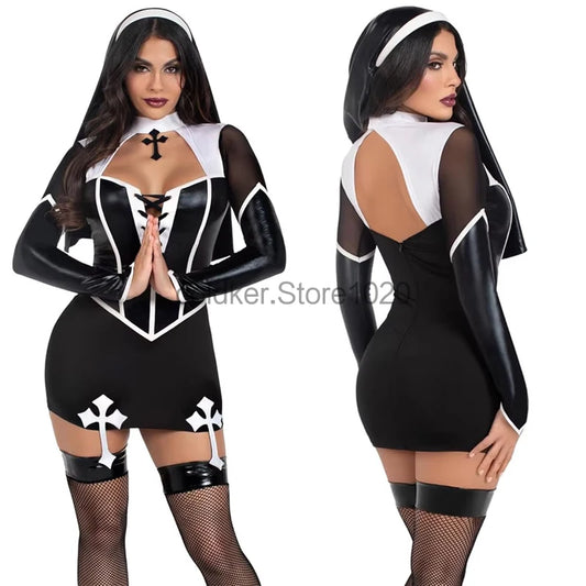 EtherealBe sexy nun costume for women featuring a sleek black design and sheer sleeves