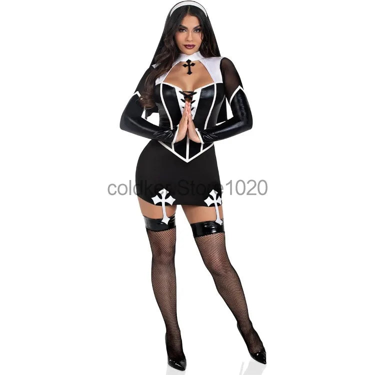 EtherealBe sexy nun costume for women featuring a fitted dress and fishnet stockings