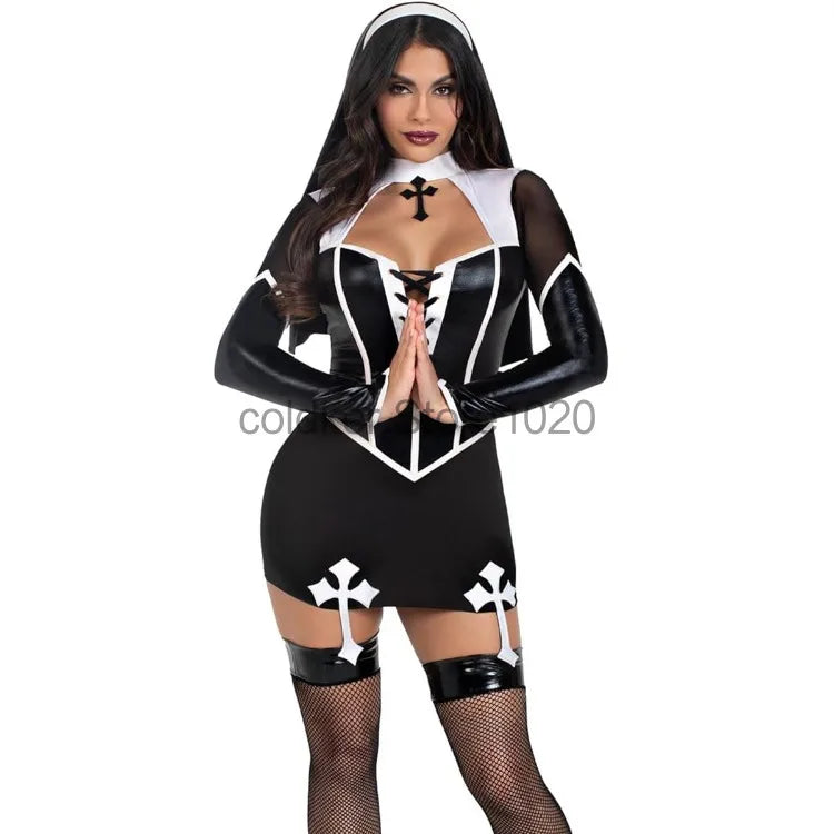 EtherealBe sexy nun costume for women featuring a black and white design with corset details
