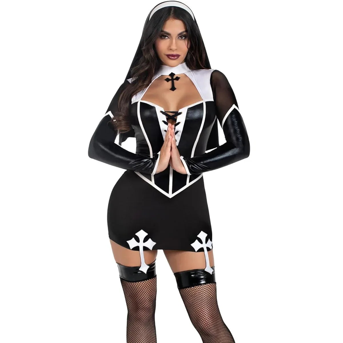 Elegant sexy nun costume for women featuring a form-fitting design and unique cross details