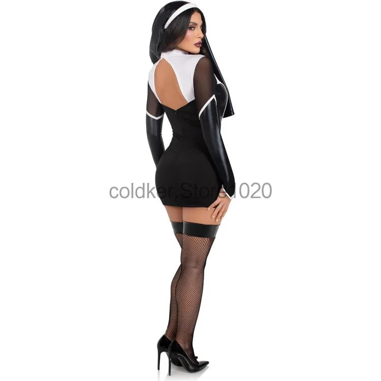 EtherealBe sexy nun costume for women featuring a backless design and black and white accents