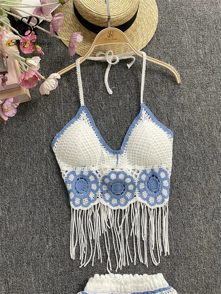 EtherealBe halter tassel tank top and shorts outfit in white and blue with crochet detailing