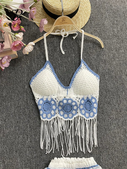 EtherealBe halter tassel tank top and shorts outfit in white and blue with crochet detailing