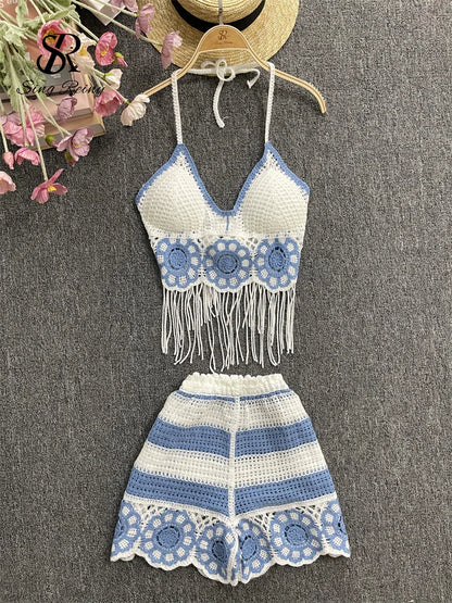 EtherealBe halter tassel tank top and shorts outfit in blue and white crochet design with fringed details
