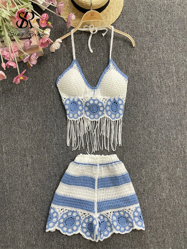 EtherealBe halter tassel tank top and shorts outfit in blue and white crochet design