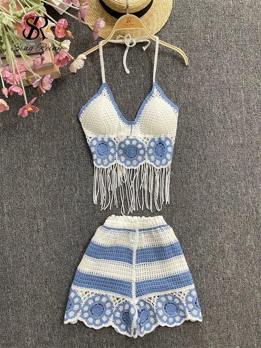 EtherealBe halter tassel tank top and shorts outfit in blue and white crochet design