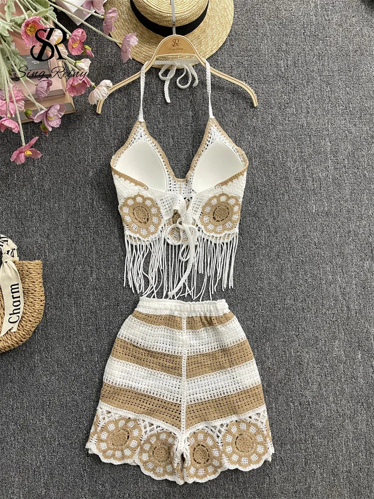 EtherealBe halter tassel tank top and shorts outfit in beige with floral crochet design for summer wear