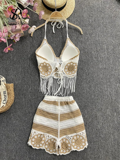 EtherealBe halter tassel tank top and shorts outfit in beige with floral crochet design for summer wear