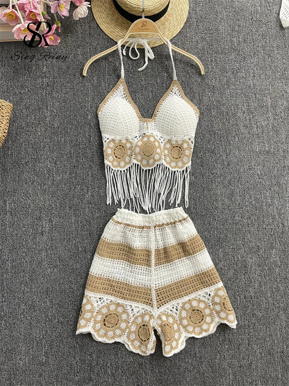 EtherealBe halter tassel tank top and shorts outfit in white and tan with crochet details