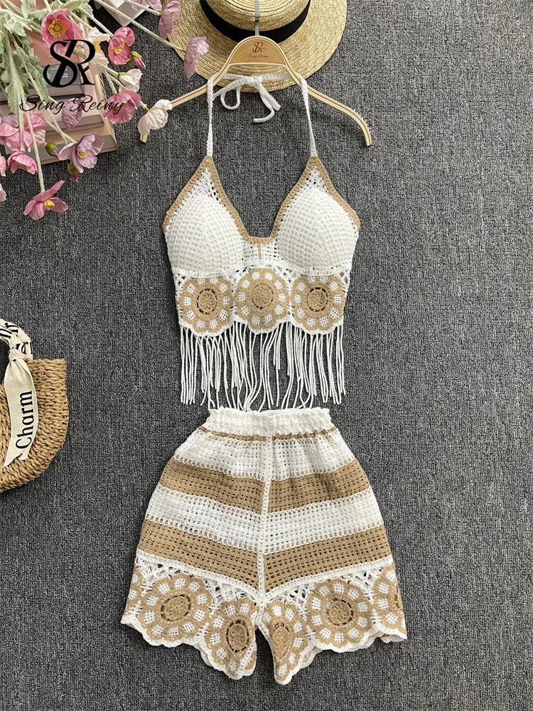 EtherealBe halter tassel tank top and shorts outfit in beige with floral crochet details
