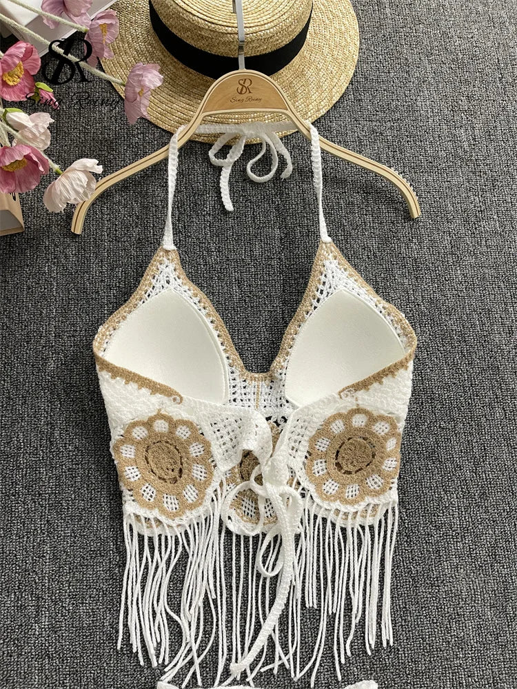 EtherealBe halter tassel tank top and shorts outfit featuring intricate crochet design and fringed edges