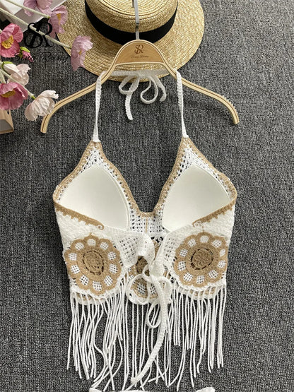 EtherealBe halter tassel tank top and shorts outfit featuring intricate crochet design and fringed edges