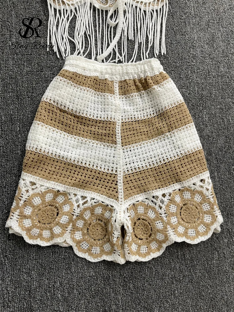 EtherealBe halter tassel tank top and shorts outfit in crochet with floral details and a stylish design