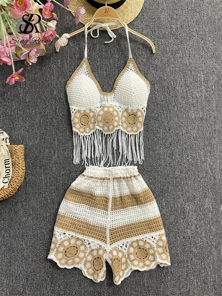 EtherealBe halter tassel tank top and shorts outfit with crochet design and fringe detail