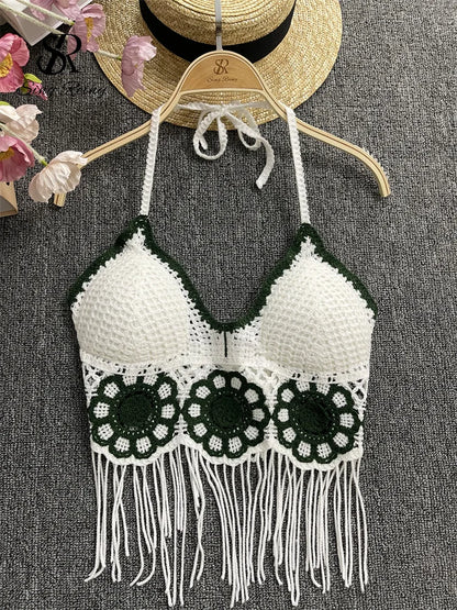 EtherealBe halter tassel tank top with floral design and fringe for a stylish summer outfit