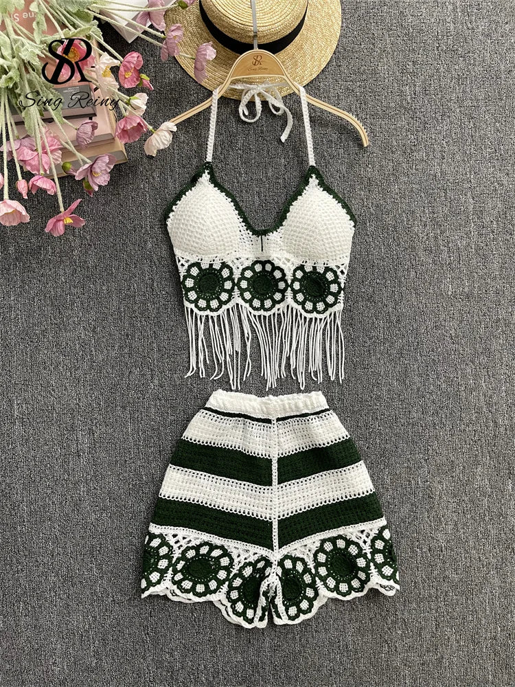 EtherealBe halter tassel tank top and shorts outfit in white and green crochet design