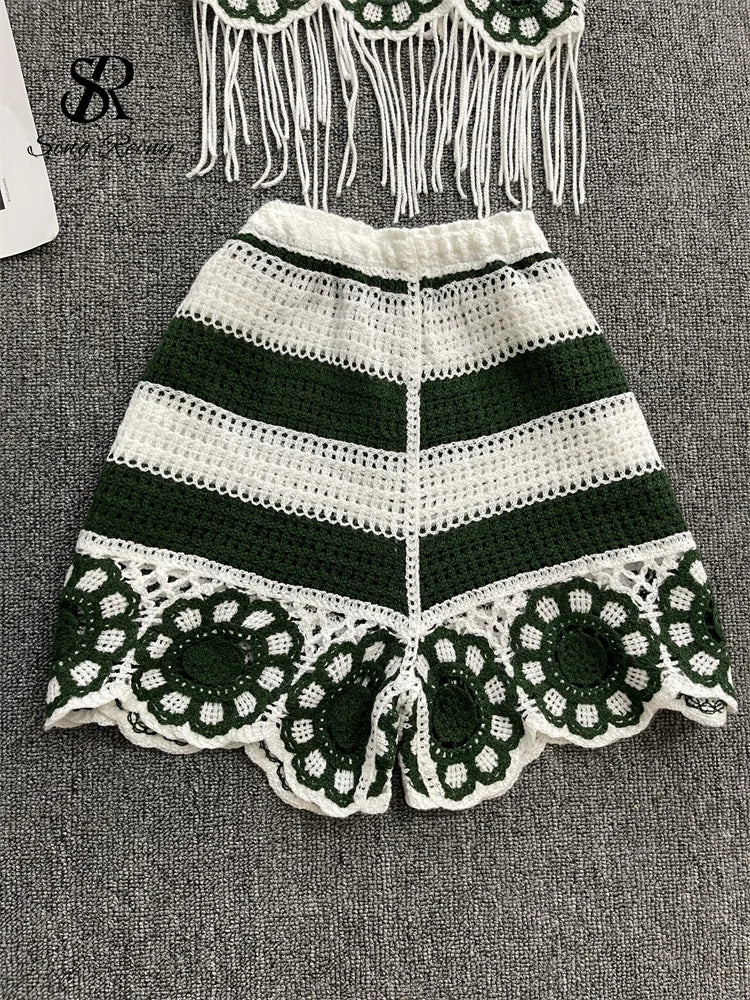 EtherealBe halter tassel tank top and shorts outfit in green and white crochet with decorative flowers