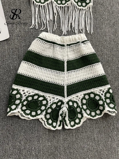 EtherealBe halter tassel tank top and shorts outfit in green and white crochet with decorative flowers