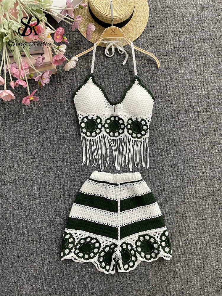 EtherealBe halter tassel tank top and shorts outfit in white and green with crochet detailing