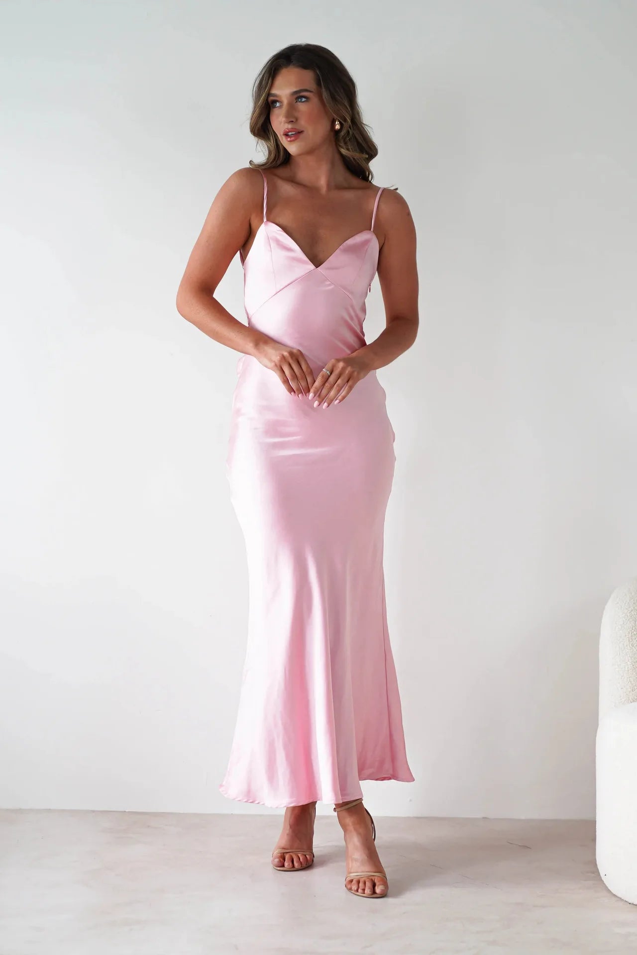 EtherealBe sexy satin halter dress in pink, featuring a sleek silhouette and elegant straps