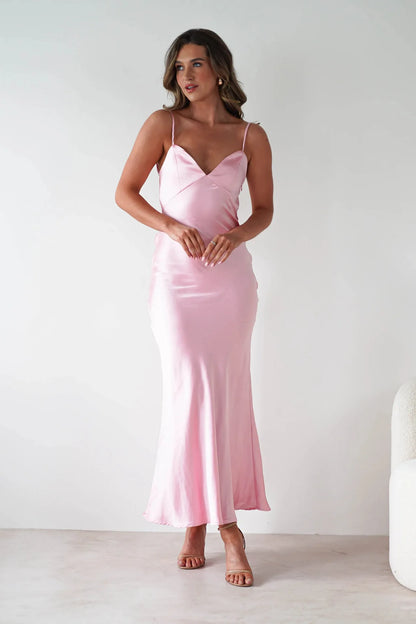 EtherealBe sexy satin halter dress in pink, featuring a sleek silhouette and elegant straps