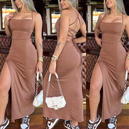 Elegant sexy spaghetti strap evening gown in brown with a thigh-high slit, perfect for night events