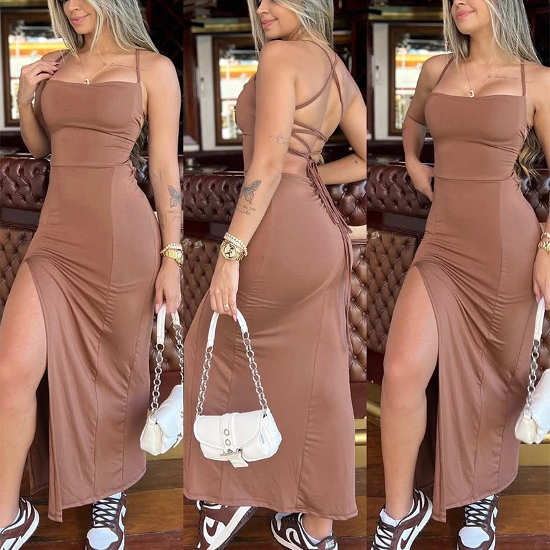 EtherealBe sexy spaghetti strap evening gown in brown with a high slit and fitted design